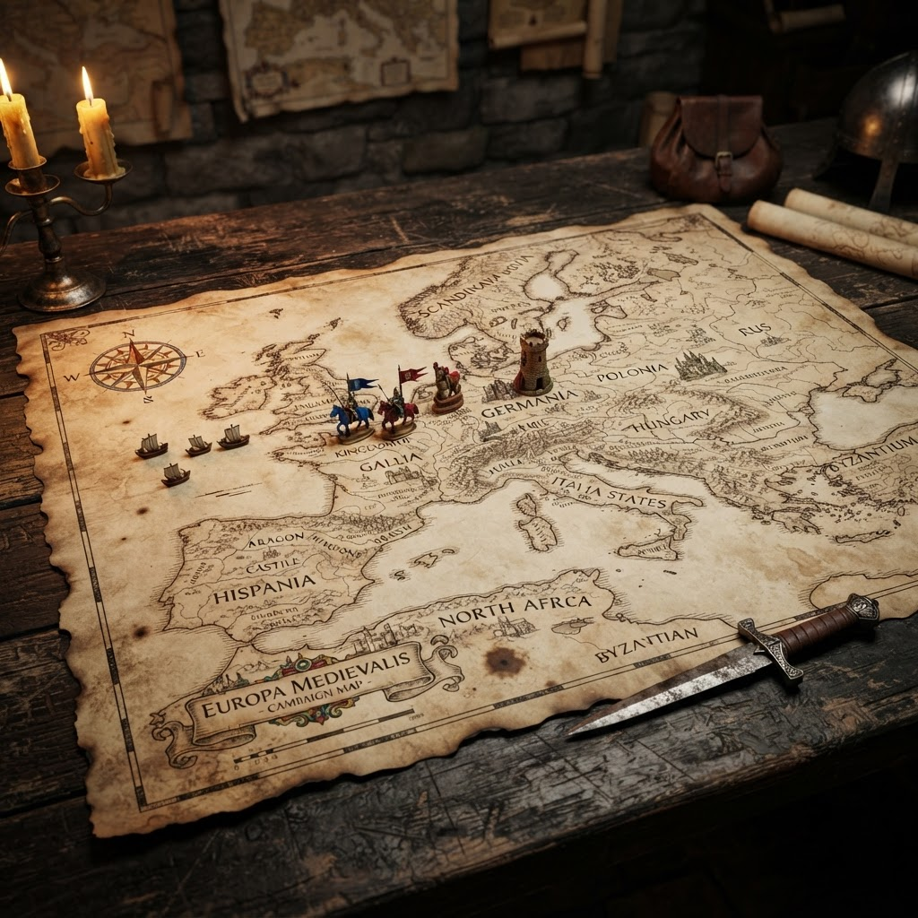 An aged parchment campaign map of Europe on a wooden war table