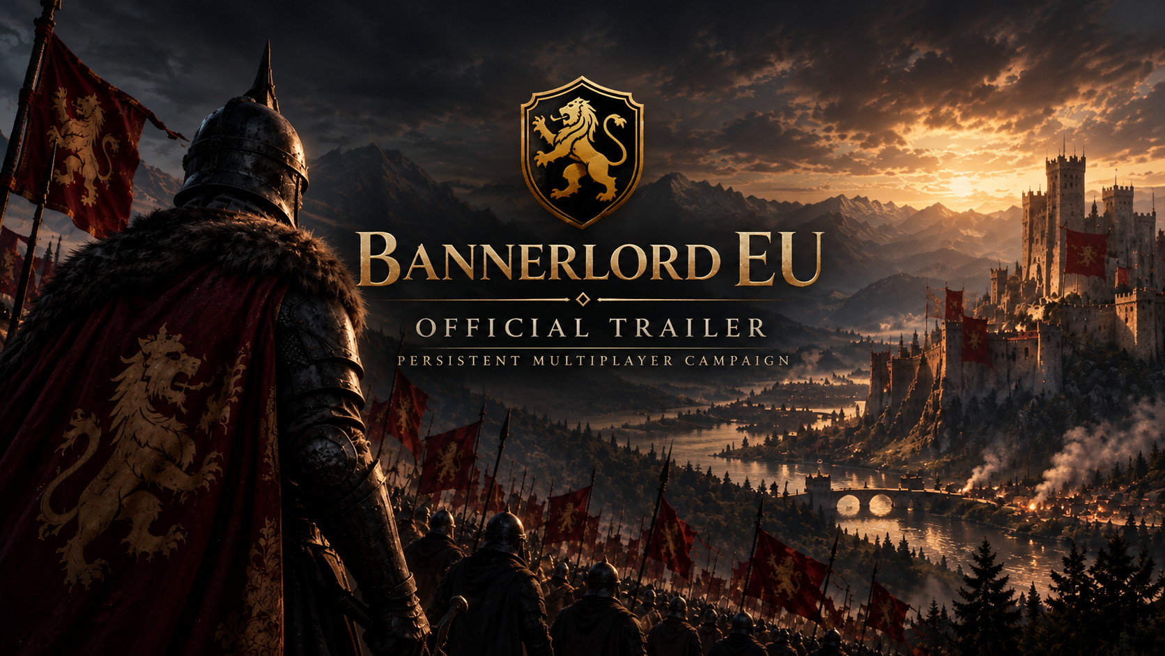 Bannerlord EU official trailer poster with a golden lion crest, a knight, and a castle overlooking a valley at sunset