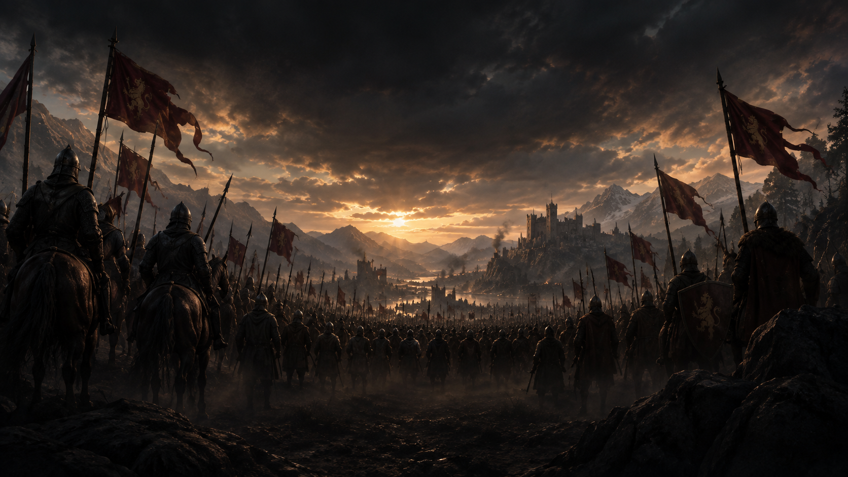An army marches toward a castle in the valley