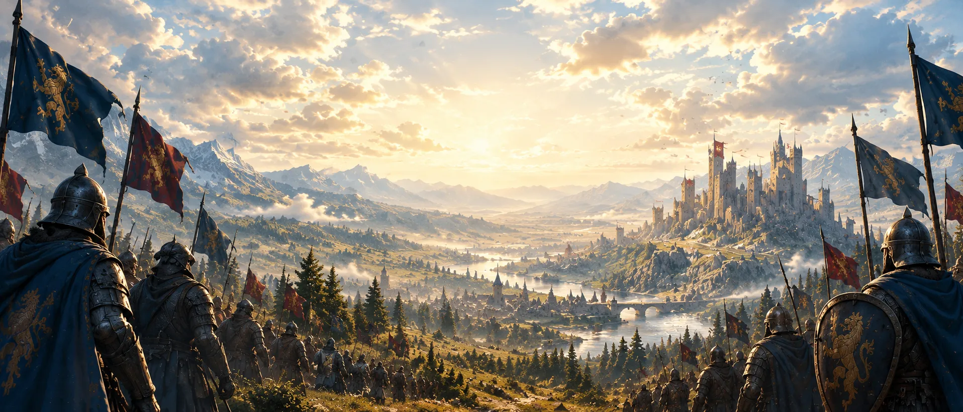 A vast medieval army marches across a misty battlefield with raised banners