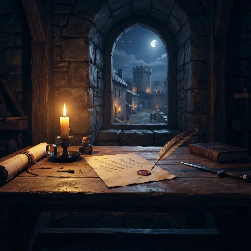 A candlelit writing desk with parchment, quill, and a wax seal in a stone keep