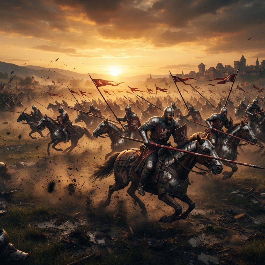 A cavalry charge thunders across an open battlefield