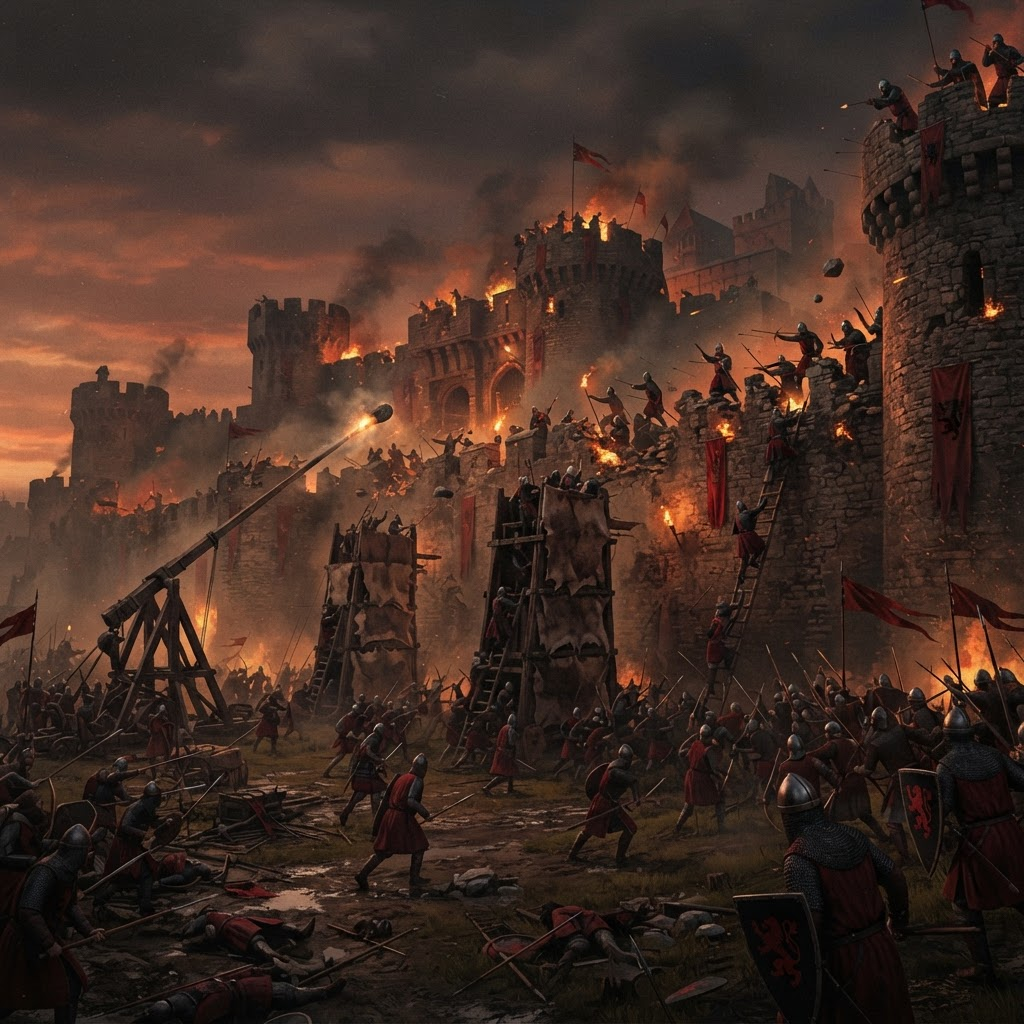 A castle siege with a trebuchet battering the walls