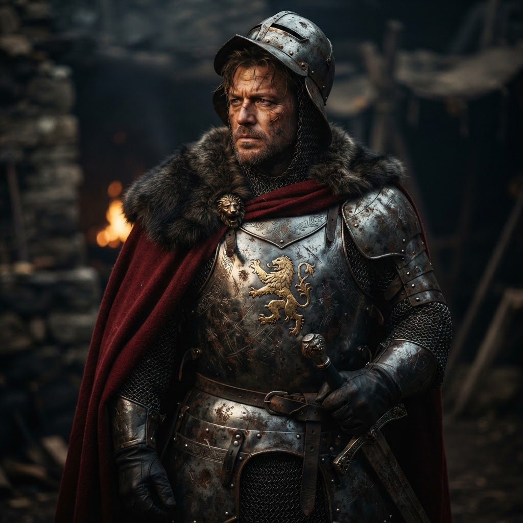 Portrait of a knight in ornate battle-worn armor