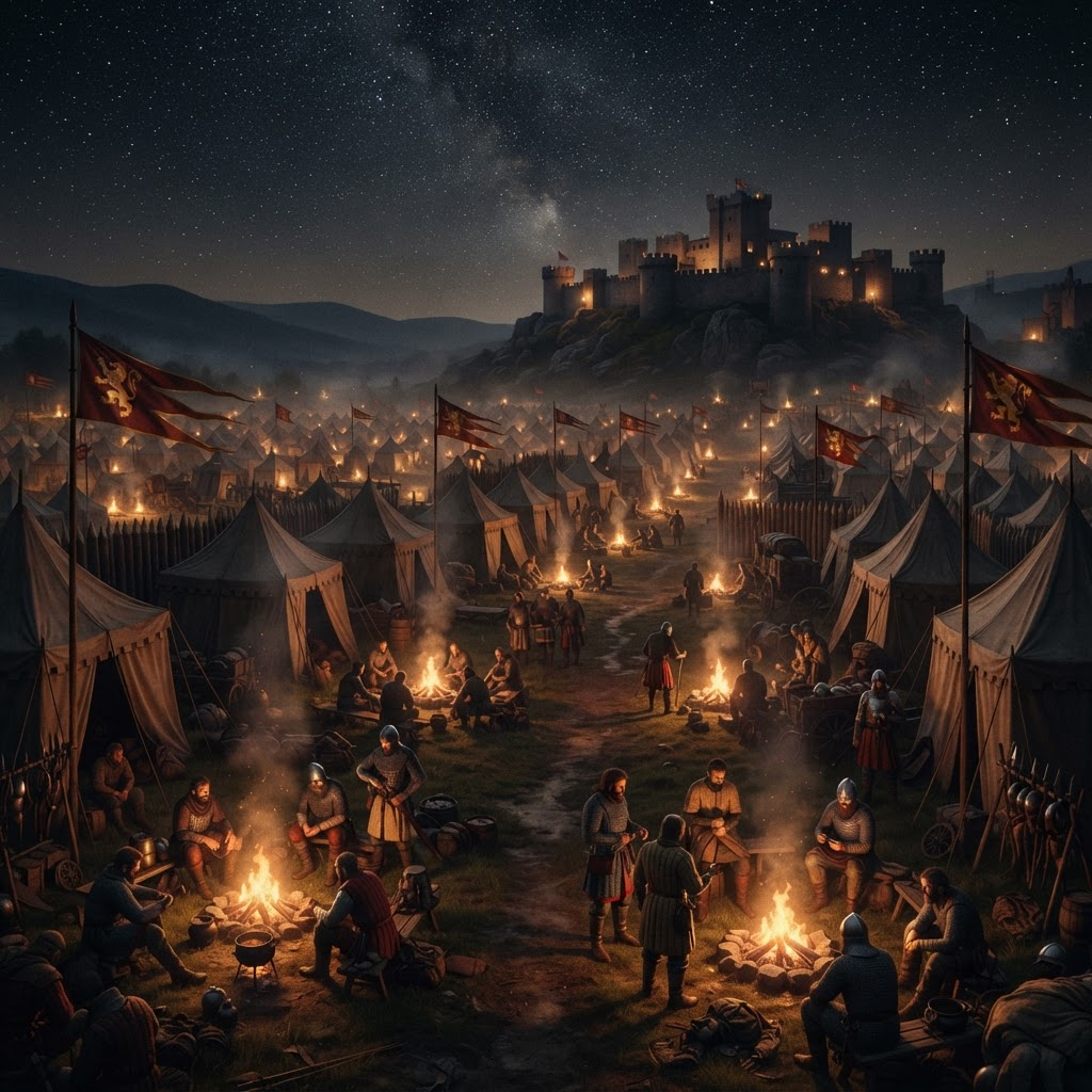 An army war camp lit by campfires at night