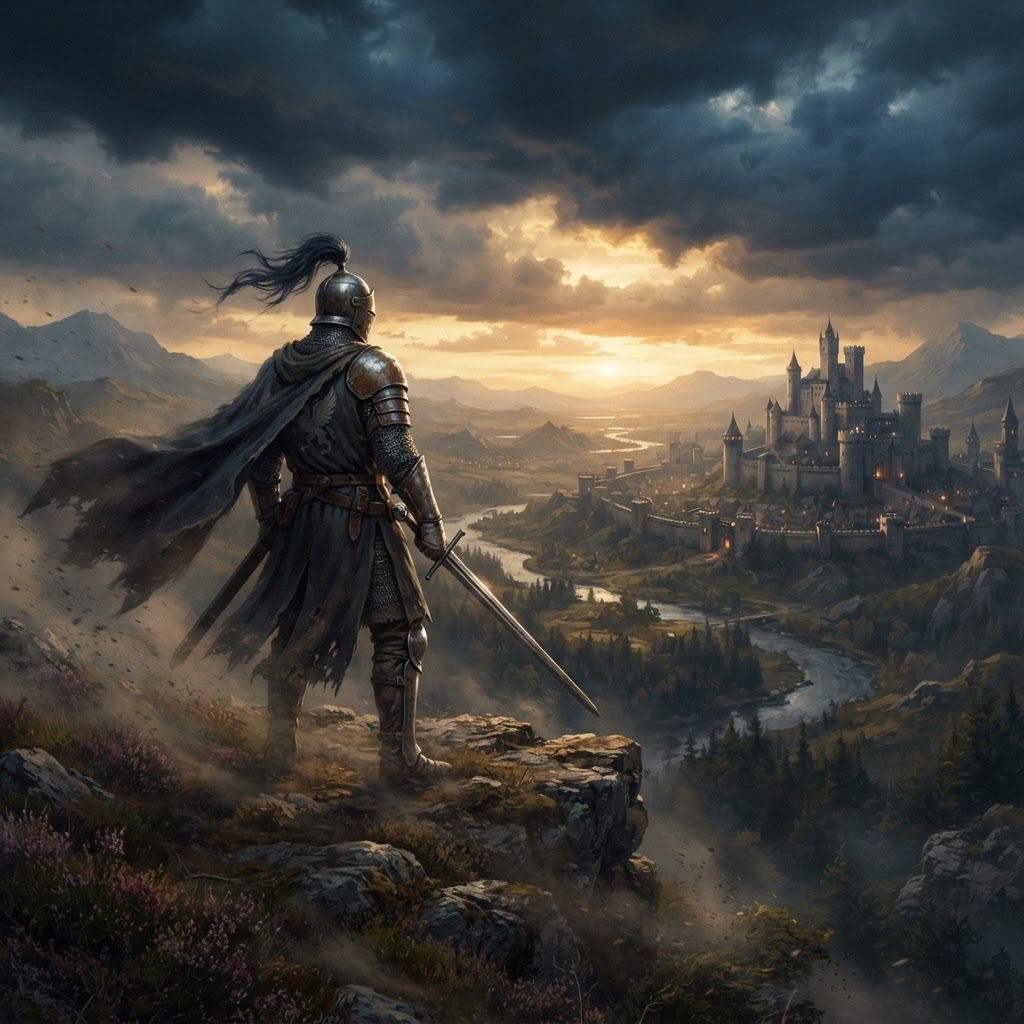 A lone knight overlooks a vast kingdom at dusk