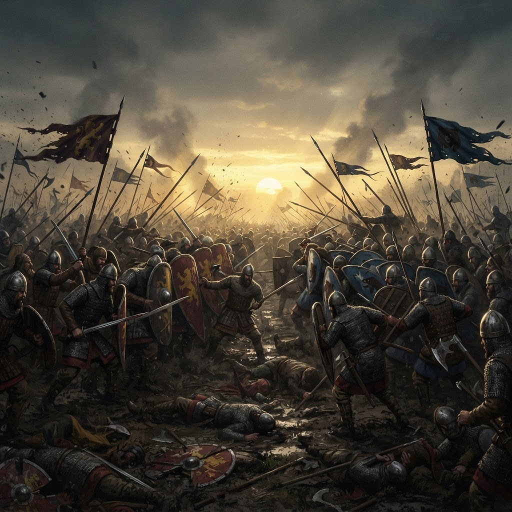 An infantry shield wall clashes at dawn