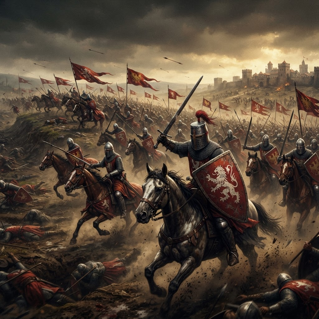 Mounted knights charge into battle in a Bannerlord gameplay scene