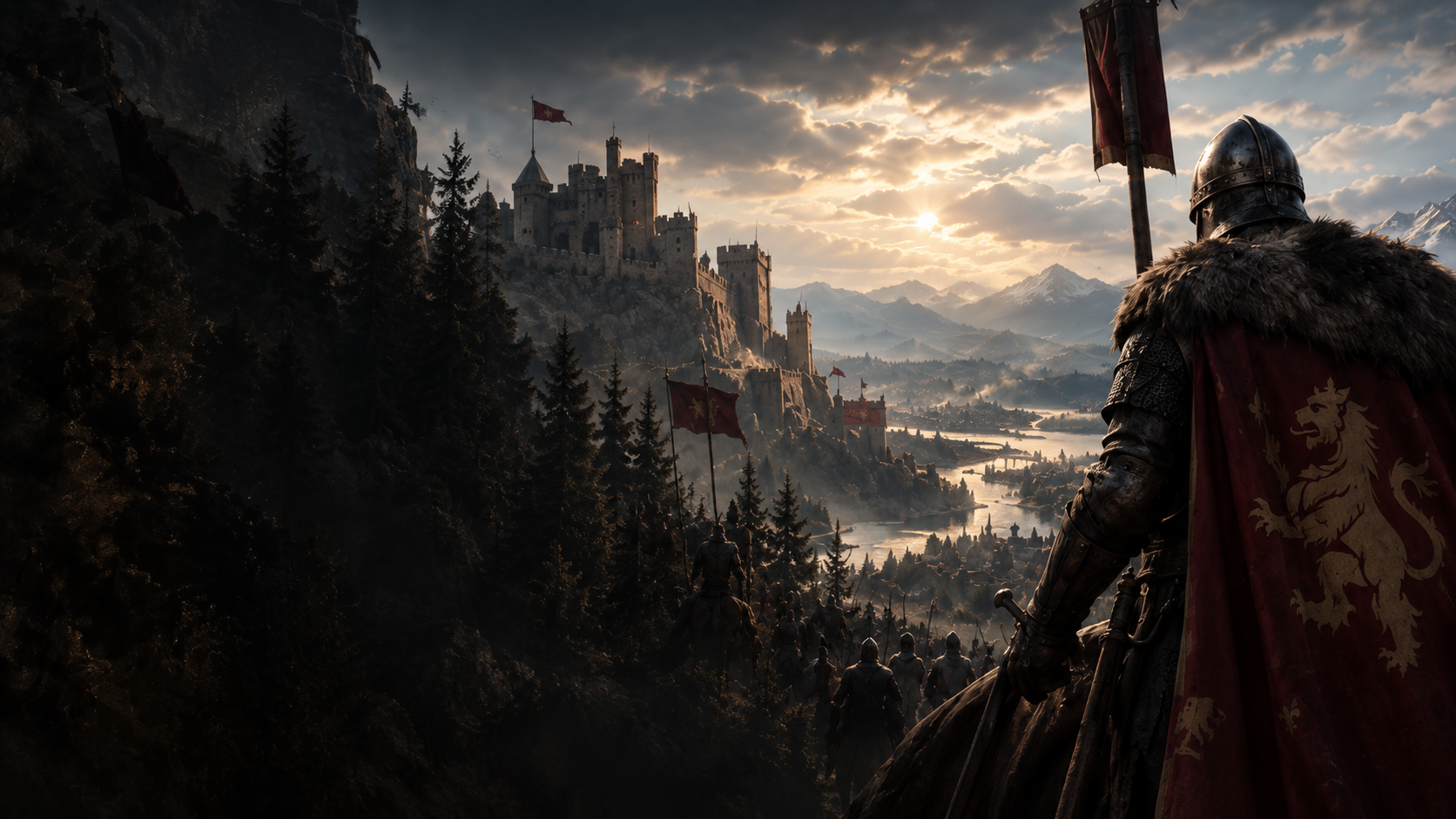 A knight in a crimson cloak overlooks a fortified medieval valley at dawn