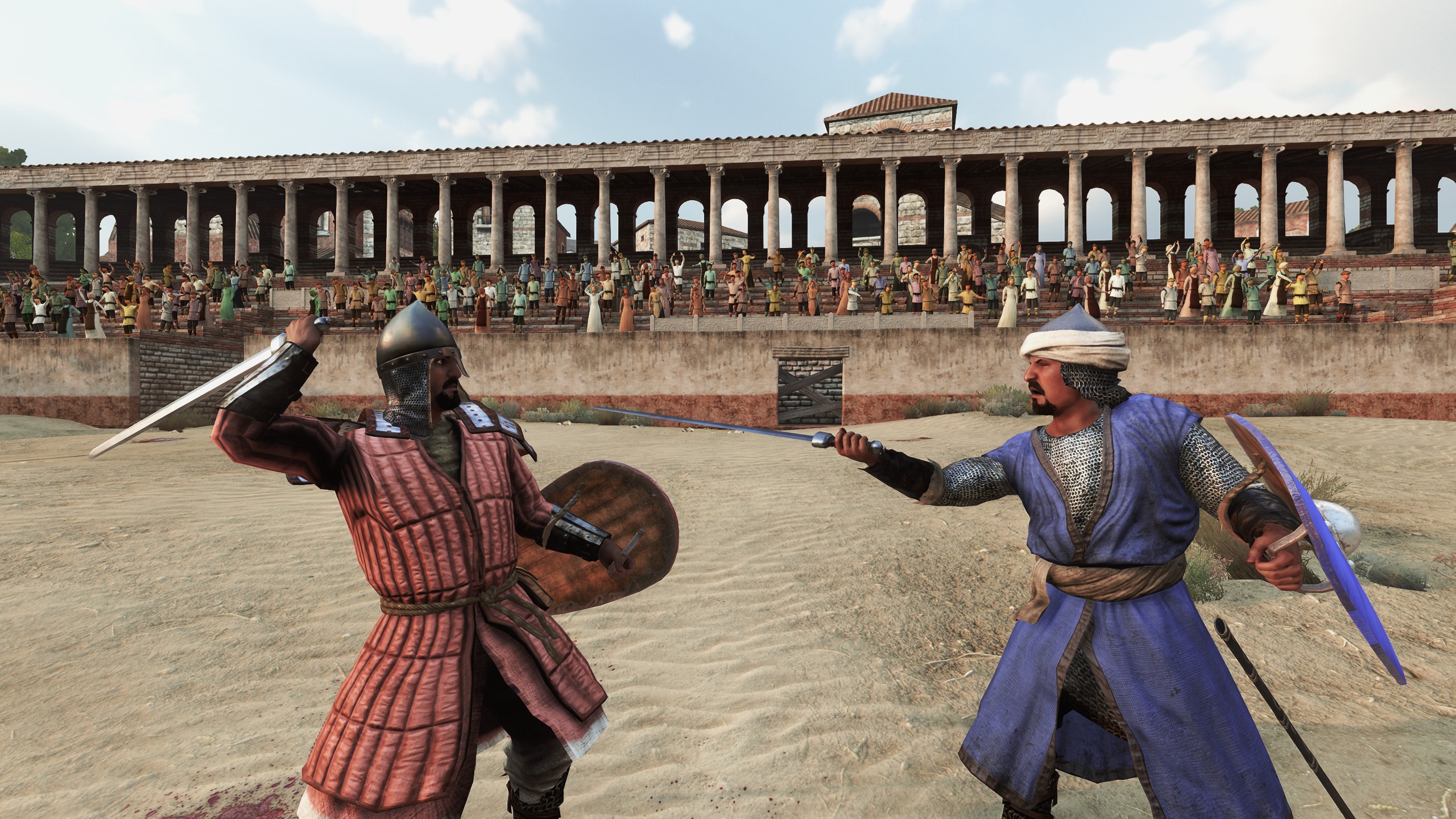 Two armored swordsmen duel in an arena watched by spectators