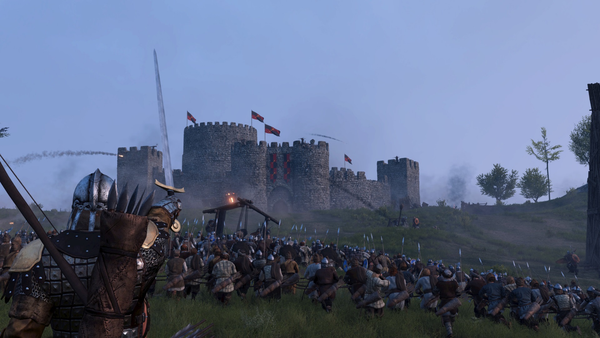 Soldiers advance toward a stone castle under siege as a warrior raises his sword