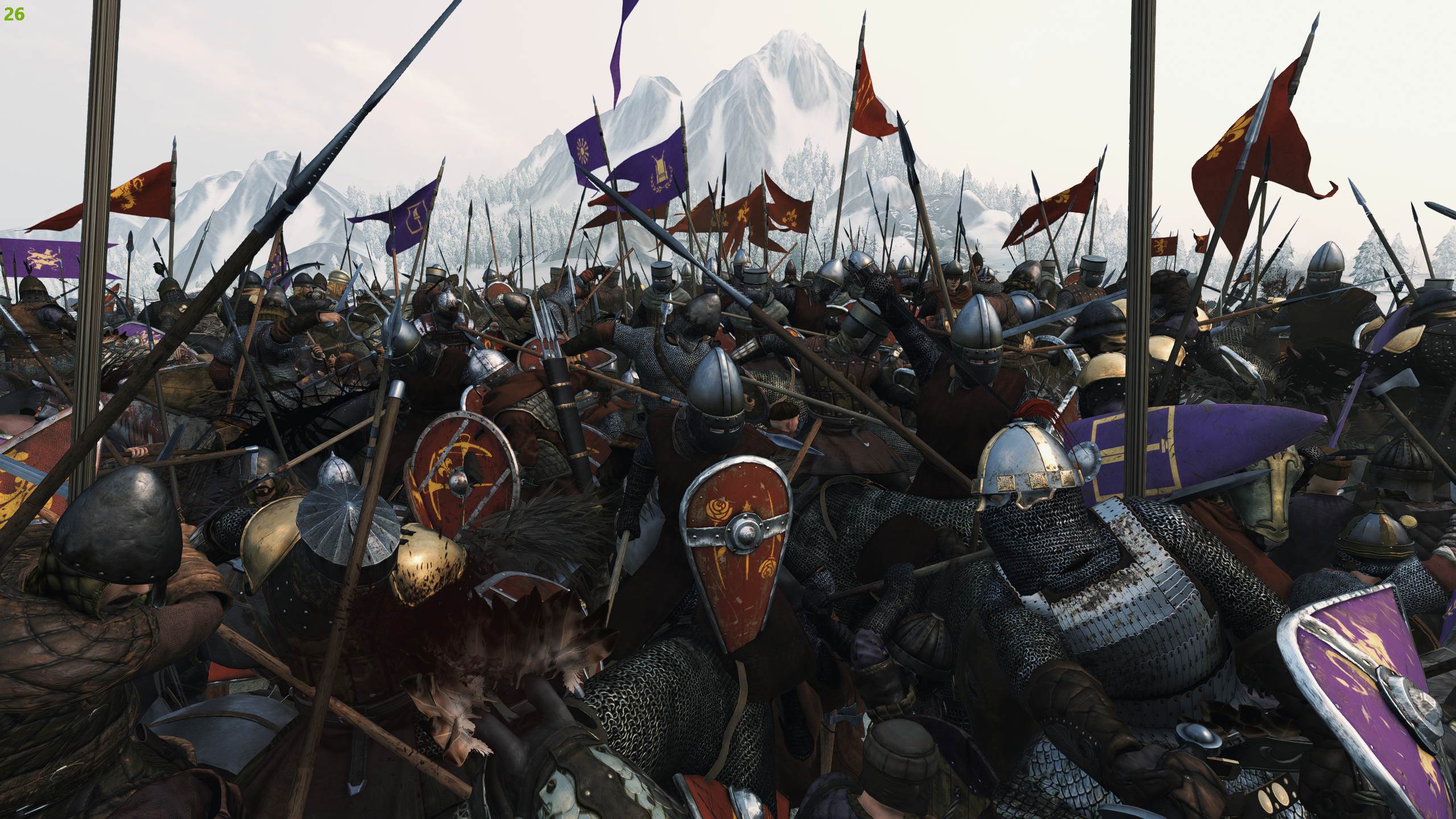 Armored soldiers clash beneath red and purple banners against snowy mountains