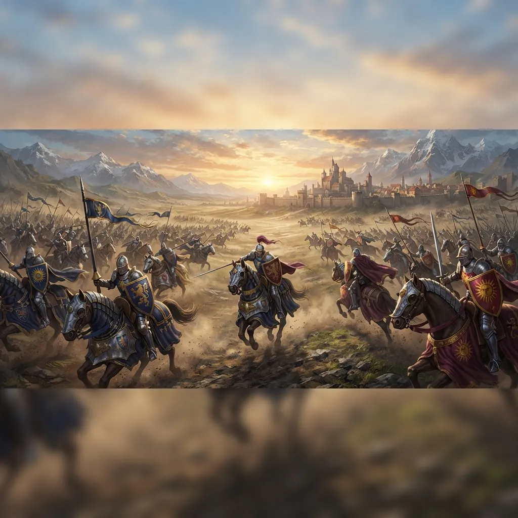 A cavalry charge thunders across an open battlefield