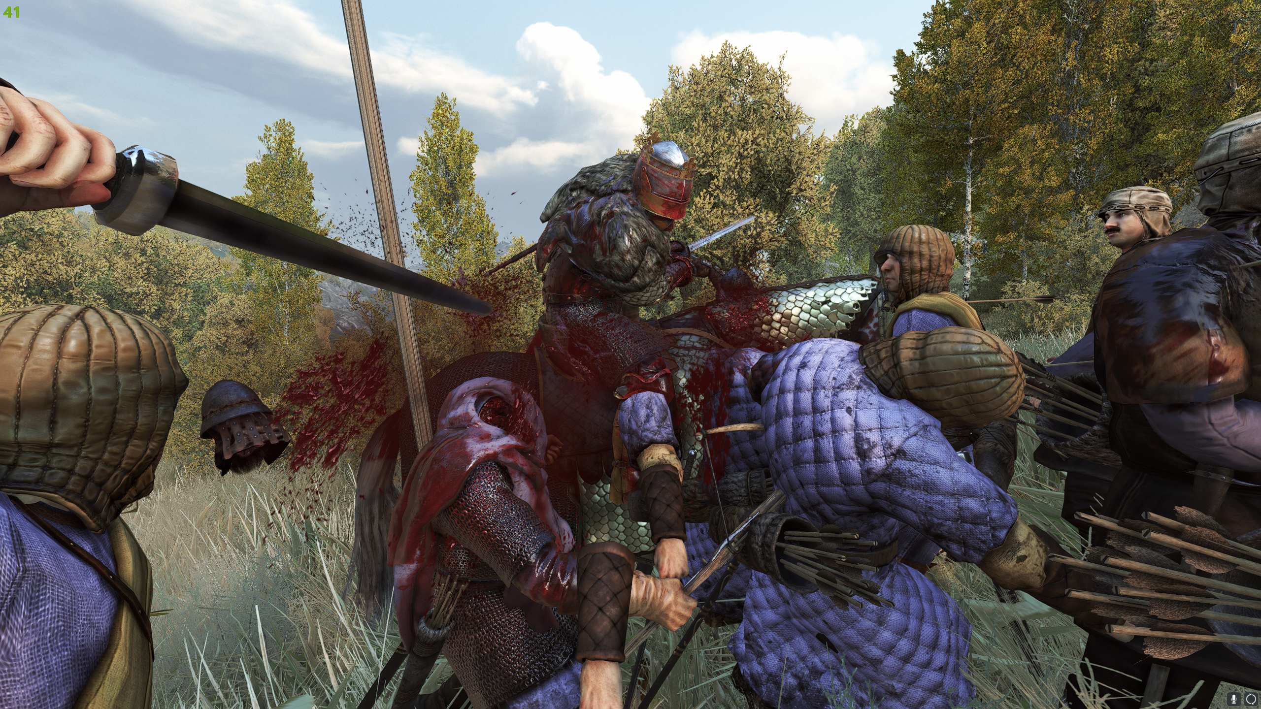 A close-range melee between armored warriors beside an autumn forest