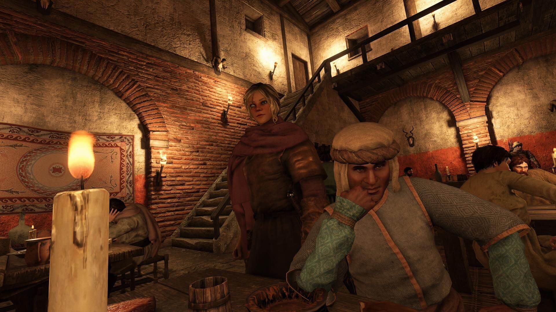 Two characters beside a candlelit table inside a bustling medieval tavern