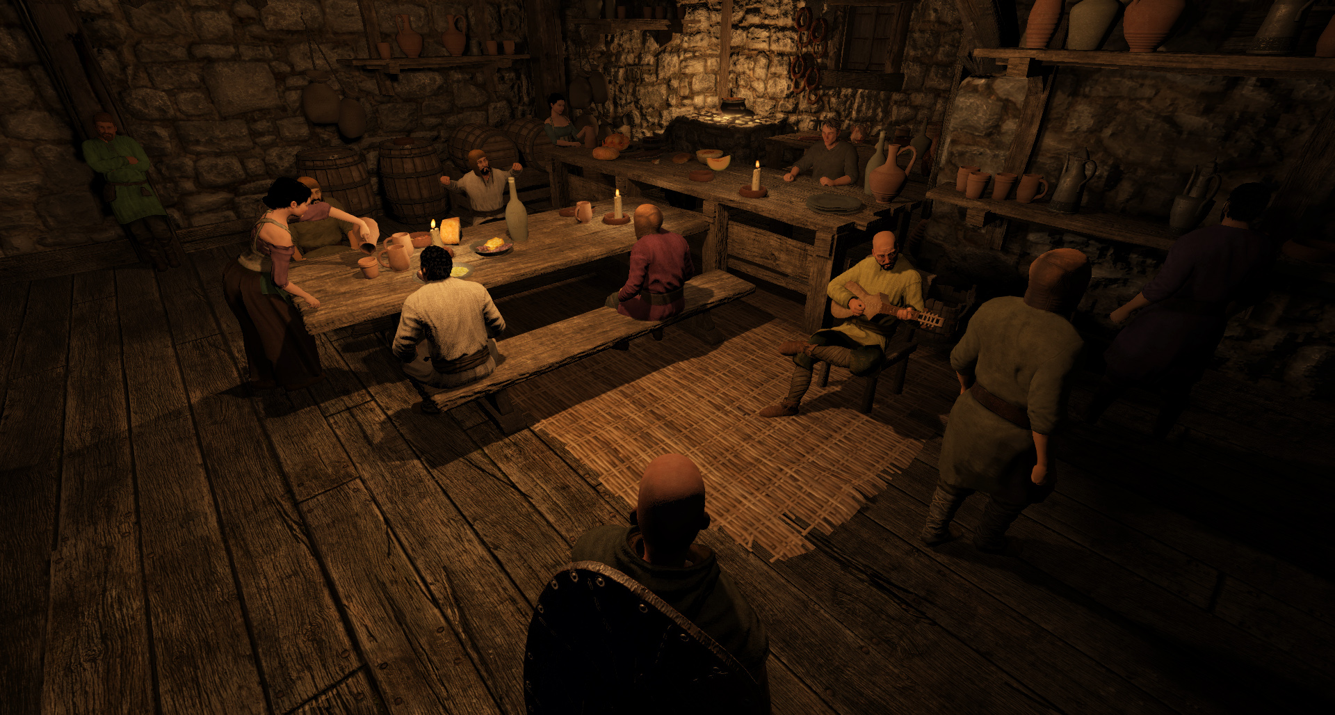 Tavern guests gather at candlelit tables while a musician plays a lute