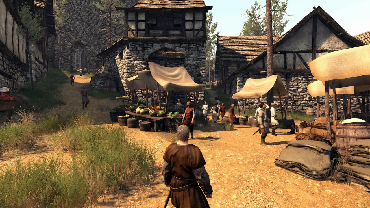 A character explores a village marketplace lined with produce stalls and stone houses